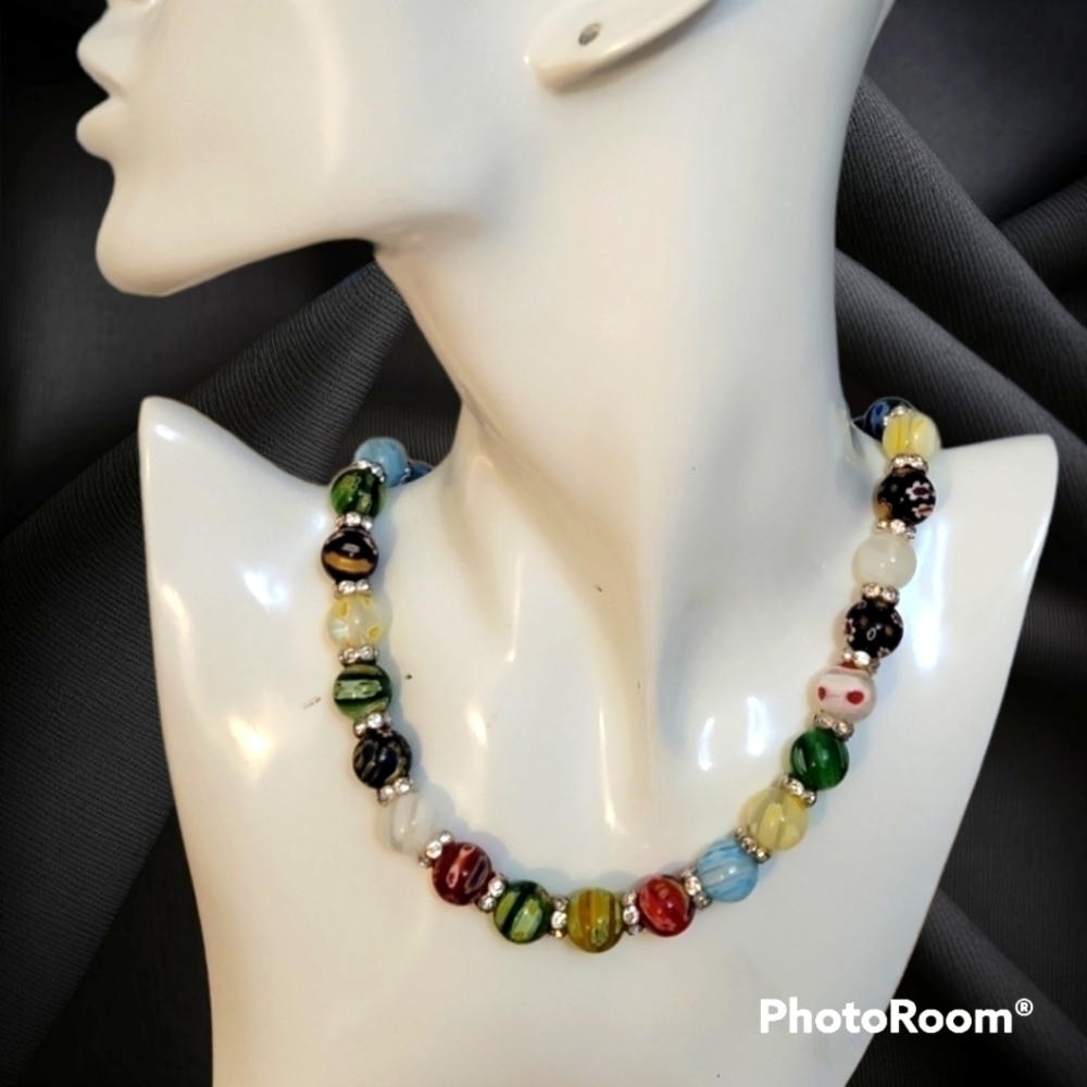 Handmade Rainbow Floral Millefiori Glass Beaded Necklace